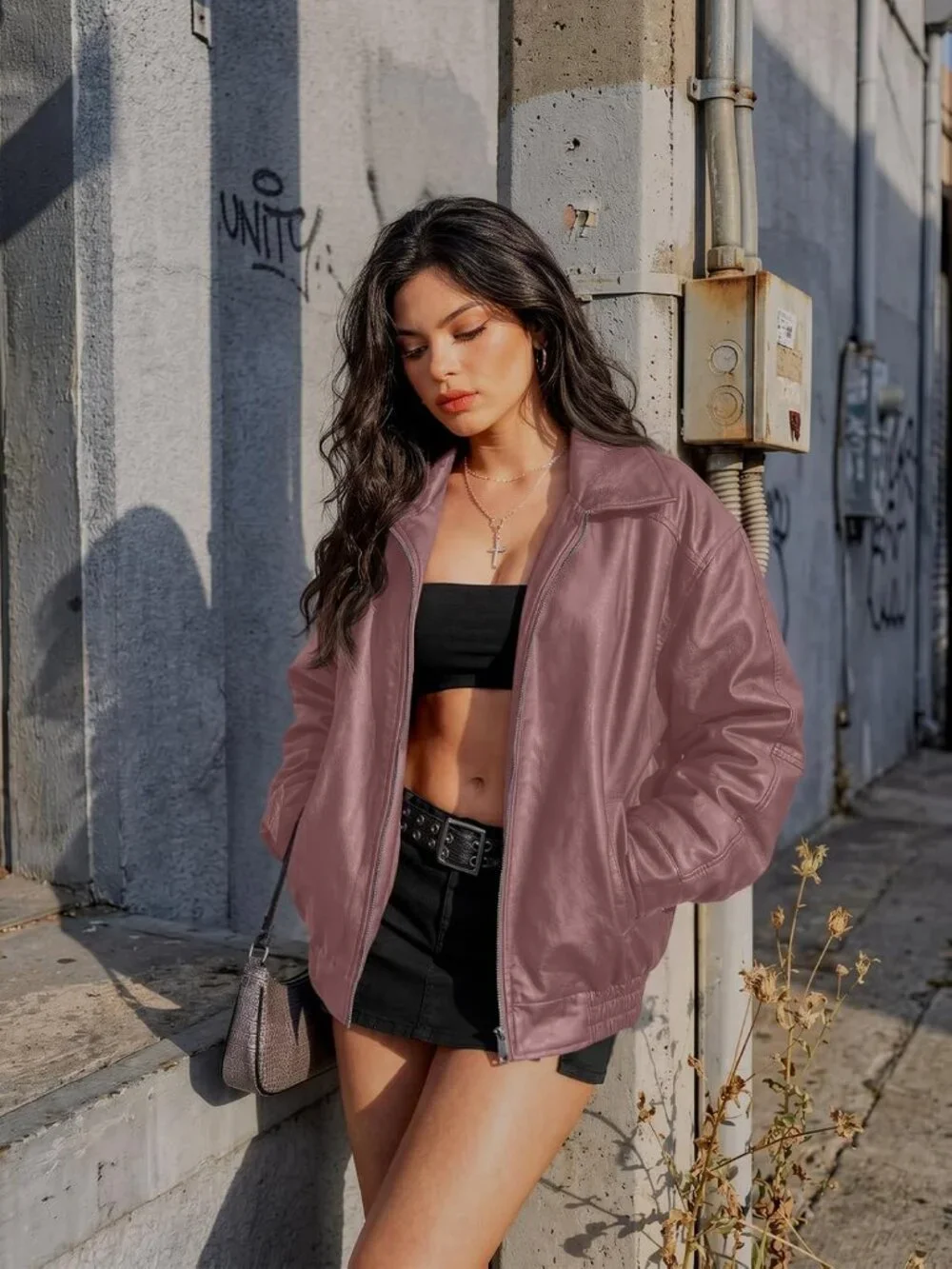 Women's Pink Oversized Faux Leather Loose Weight Fall Winter Outerwear Jacket